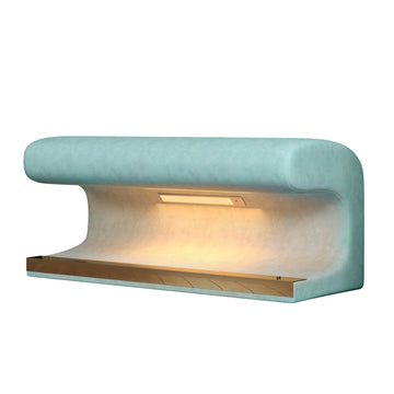 Entryway Bench Leather Upholstered Ottoman with Motion Sensor LED Light and Metal Legs Antique Blue Green
