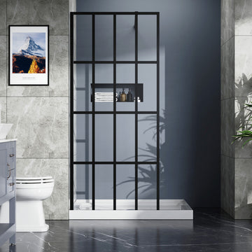 Walk in Shower Screen 34 Inch W x 72 Inch H Tempered Glass Black Finish Fixed Panel