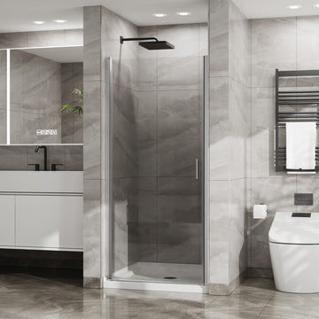 Semi Frameless Pivot Shower Door Combo 34 Inch W x 72 Inch H with 35.4 Inch White Acrylic Base Chrome Finish