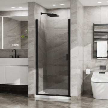 Semi Frameless Pivot Shower Door Combo 34 Inch W x 72 Inch H with 35.4 Inch White Acrylic Base Black Finish
