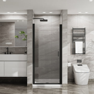Semi Frameless Pivot Shower Door Combo 34 Inch W x 72 Inch H with 35.4 Inch White Acrylic Base Black Finish