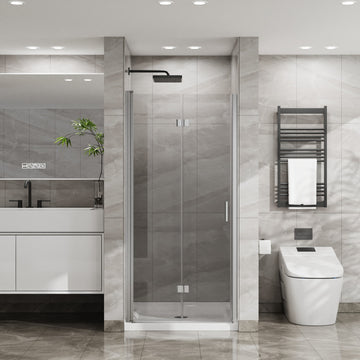 Bifold Frameless Shower Door Combo 34 Inch W x 72 Inch H with White Acrylic Base Chrome Finish