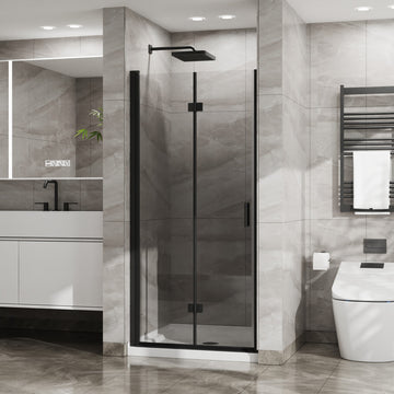 Bifold Frameless Shower Door Combo 34 Inch W x 72 Inch H with White Acrylic Base Black Finish