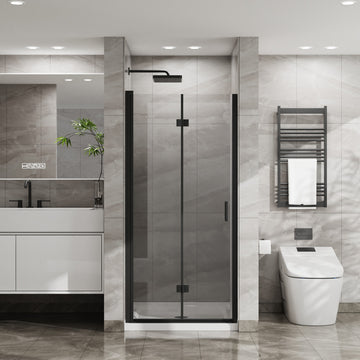 Bifold Frameless Shower Door Combo 34 Inch W x 72 Inch H with White Acrylic Base Black Finish