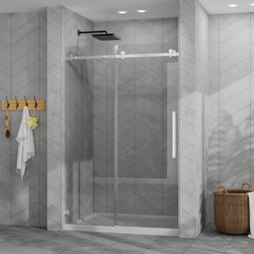 Frameless Sliding Shower Door Combo 44-48 Inch W x 72 Inch H with 48x32 Inch White Acrylic Base Matte Black