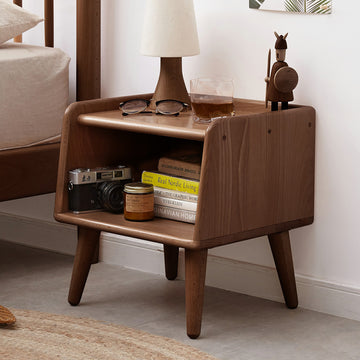 Elegant Beechwood Nightstand with Rounded Design and Organized Storage
