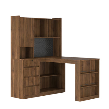 L Shaped Desk with Charger and LED Light Wood