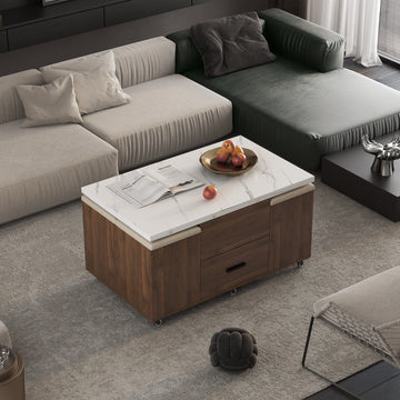 Modern Lift Up Coffee Table with Storage Stools White and Wood