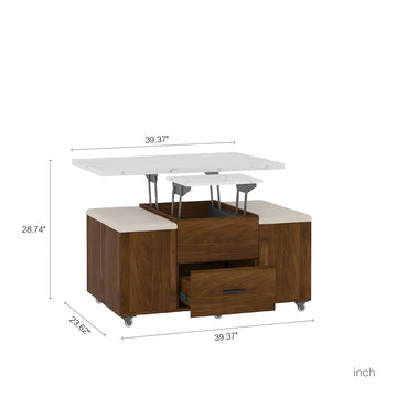 Modern Lift Up Coffee Table with Storage Stools White and Wood
