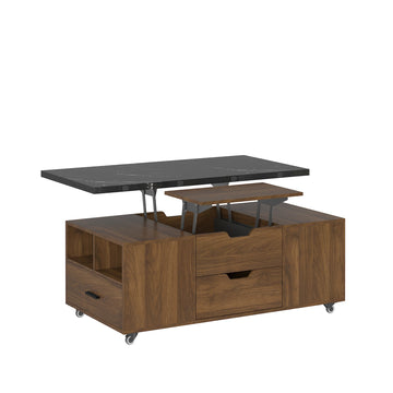 Modern Lift Up Coffee Table with Storage Stools Black and Wood