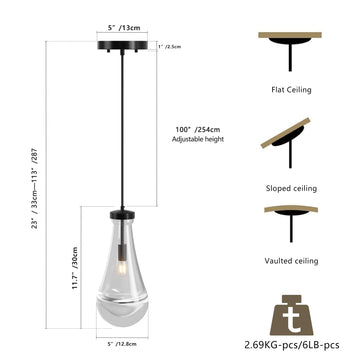 Modern Black Raindrop Pendant Light with Handmade Glass Shade for Kitchen Island Dining Room and Living Room