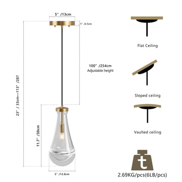 Modern Raindrop Pendant Light with Handmade Glass Shade and Brass Rod for Kitchen Island Dining Room and Living Room