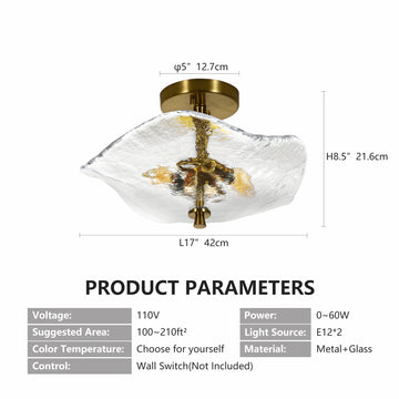 16.5 Inch Gold Semi Flush Mount Ceiling Light with Cracked Glass Shade Modern 2 Light Ceiling Fixture for Bedroom Bathroom Hallway Kitchen Dining Room