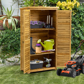 Outdoor Storage Cabinet, Wood Garden Shed, Pool Storage Shed with Lockable Door, Waterproof Roof and 2 Removable Shelves, Vertical Outside Storage Shed for Patio, Backyard and Lawn