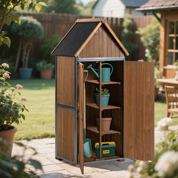 Outdoor Storage Cabinet 32.3"L X 21"W X 67"H, Garden Shed Tool Shed with Metal Frame Structure for Backyard Garden Patio Lawn (Brown)