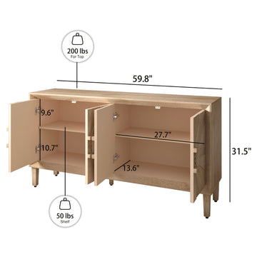 60 Inch Rustic Farmhouse Credenza with Symmetrical Sunburst Doors Adjustable Shelves Heavy Duty Wood TV Stand for Living Room Kitchen Antique Natural