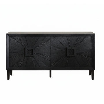 60 Inch Rustic Farmhouse Black Credenza with Symmetrical Sunburst Doors Adjustable Shelves Heavy Duty Wood TV Stand for Living Room Kitchen