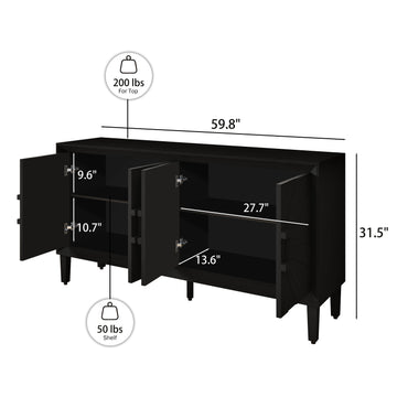 60 Inch Rustic Farmhouse Black Credenza with Symmetrical Sunburst Doors Adjustable Shelves Heavy Duty Wood TV Stand for Living Room Kitchen
