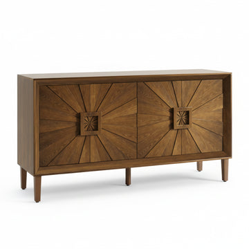 60 Inch Rustic Farmhouse Credenza with Symmetrical Sunburst Doors Adjustable Shelves Heavy Duty Wood TV Stand for Living Room Kitchen Antique Brown