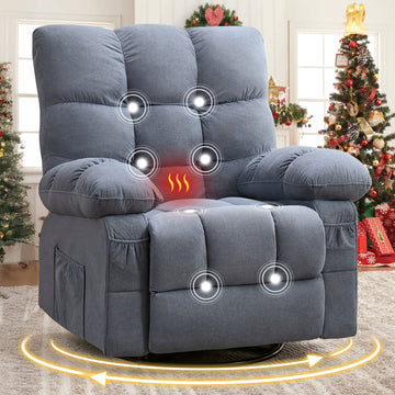 Massage Swivel Recliner Chair With Vibration Massage And Lumbar Heating For Adults 350LBS Oversized Rocker Recliner Single Sofa With Side Pocket And USB Charge Port For Living Room