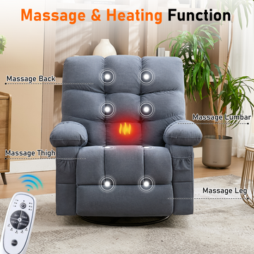 Massage Swivel Recliner Chair With Vibration Massage And Lumbar Heating For Adults 350LBS Oversized Rocker Recliner Single Sofa With Side Pocket And USB Charge Port For Living Room