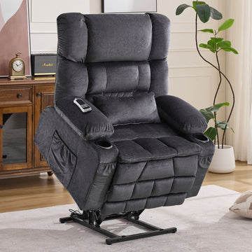 Dual Motor Large Power Lift Recliner Chair For Elderly Lay Flat Lift Chair With Knead The Waist And Heat Big Lift Recliner For Tall People Cup Holders GREY