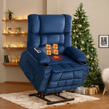 Dual Motor Large Power Lift Recliner Chair For Elderly Lay Flat Lift Chair With Knead The Waist And Heat Big Lift Recliner For Tall People Cup Holders BLUE