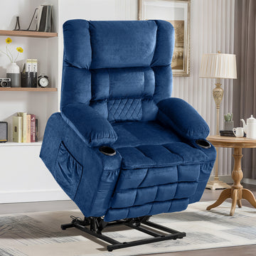 Dual Motor Large Power Lift Recliner Chair For Elderly Lay Flat Lift Chair With Knead The Waist And Heat Big Lift Recliner For Tall People Cup Holders BLUE