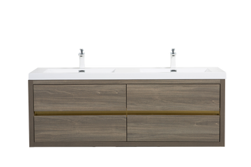 60In Wall Mounted Bathroom Vanity Double Sinks Ash Grey Stone Resin Countertop