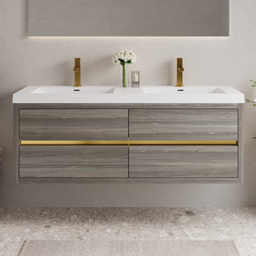60In Wall Mounted Bathroom Vanity Double Sinks Ash Grey Stone Resin Countertop
