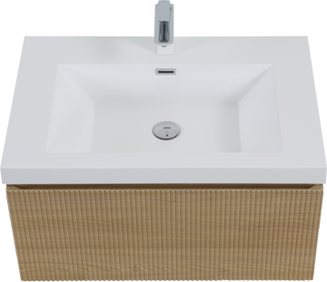 30In Floating Bathroom Vanity Single Sink Oak Stone Resin Countertop Soft Close Drawer