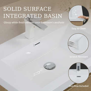 30In Floating Bathroom Vanity Single Sink Oak Stone Resin Countertop Soft Close Drawer