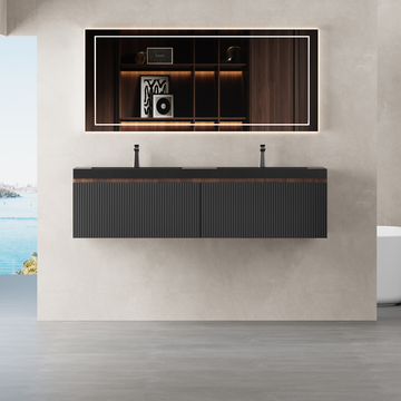60In Floating Bathroom Vanity Double Sinks Black Stone Resin Countertop Soft Close Drawers