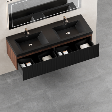 60In Floating Bathroom Vanity Double Sinks Black Stone Resin Countertop Soft Close Drawers