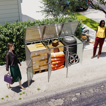 Garbage Bin Shed Stores 3 Trash Cans with Pneumatic Support Rod, with Lockable Doors & Waterproof Lid Chain, for Patio,Garden,Backyard,Grey