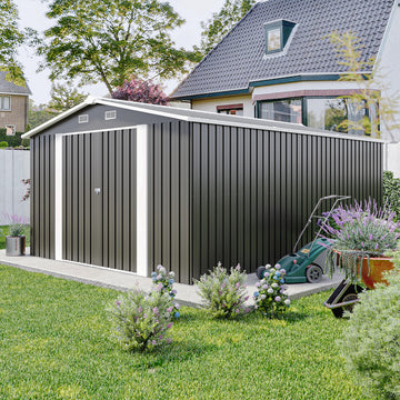Campcraft Outdoor Storage Shed 10×14 FT with 3 Lockable Doors,4 Air Vents & Sloped Roof,Utility Tool Shed Metal Storage Garden Sheds Frame and 4 Vents,for Backyard,Patio,Lawn,dark Grey