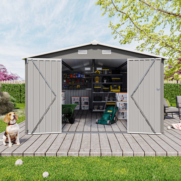 Campcraft Outdoor Storage Shed 10×14 FT with 3 Lockable Doors,4 Air Vents & Sloped Roof,Utility Tool Shed Metal Storage Garden Sheds Frame and 4 Vents,for Backyard,Patio,Lawn,dark Grey