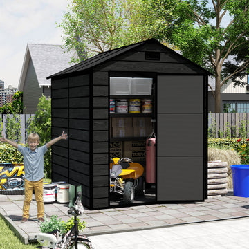 Campcraft 6*6ft resin storage shed, high quality pp material, strong structure, waterproof, rust and UV proof, large storage space, 12mm thick pp board, HD window lighting Black wood grain color
