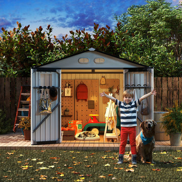Outdoor Storage Shed, 8x8 protective film, four daylight Windows Lockable Doors,A practical and thoughtful gift,two colors can be freely selected white storage sheds