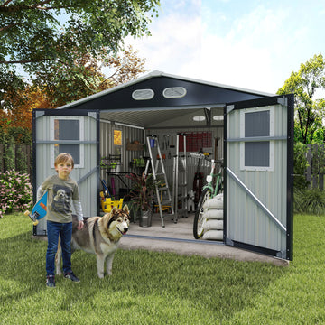 Outdoor Storage Shed, 8x8 protective film, four daylight Windows Lockable Doors,A practical and thoughtful gift,two colors can be freely selected dark gray storage sheds