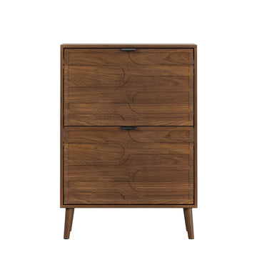 Medieval Modern Independent Shoe Cabinet 23.62 Inch Walnut Shoe Storage Cabinet with 2 Flip Drawers Fence Style Shoe Rack for Corridor and Entryway