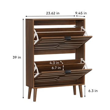 Medieval Modern Independent Shoe Cabinet 23.62 Inch Walnut Shoe Storage Cabinet with 2 Flip Drawers Fence Style Shoe Rack for Corridor and Entryway