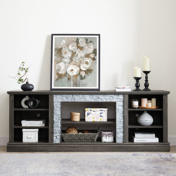 Large TV Stand TV Desk Storage Rack with Faux Stacked Stone Surround,Media Console Table with Large Storage Cabinet,Modern TV Media Entertaionment Stand,GREY, 70.12"W*15.35"D*25.83"H
