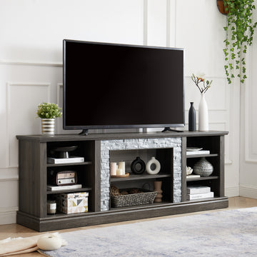 Large TV Stand TV Desk Storage Rack with Faux Stacked Stone Surround,Media Console Table with Large Storage Cabinet,Modern TV Media Entertaionment Stand,GREY, 70.12"W*15.35"D*25.83"H