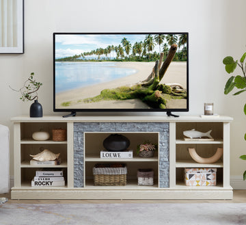 Large TV Desk Storage Rack with Faux Stacked Stone Surround,Media Console Table with Large Storage Cabinet,Modern TV Media Entertaionment Stand,WHITE, 70.12"W*15.35"D*25.83"H