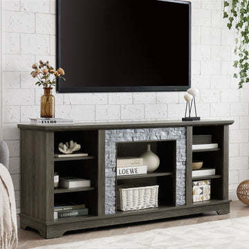 Mantel Stone TV Media Stand with with Faux Stacked Stone Surround, Modern Entertainment Console with Open Storage Space,Grey, 58.31"W*15.39"D*26.06"H