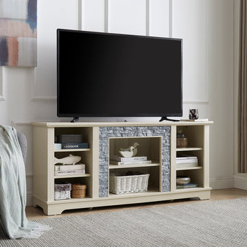 Mantel Stone TV Media Stand with with Faux Stacked Stone Surround, Modern Entertainment Console with Open Storage Space,WHITE, 58.31"W*15.39"D*26.06"H