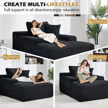 67 in. Chaise Lounge Chair 9.9 in. Wide Armrest Indoor Corduroy Oversized Sleeper Sofa for Living Room Deep Seat Lounge and Three Soft Pillows Convertible Boneless Sofa Bed, Black, No Assembly Required