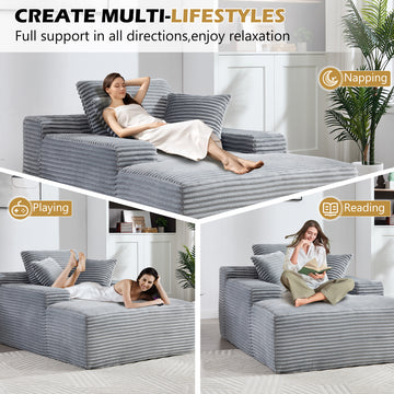 67 in. Chaise Lounge Chair 9.9 in. Wide Armrest Indoor Corduroy Oversized Sleeper Sofa for Living Room Deep Seat Lounge and Three Soft Pillows Convertible Boneless Sofa Bed, Grey, No Assembly Required
