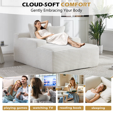 67 in. Chaise Lounge Chair 9.9 in. Wide Armrest Indoor Corduroy Oversized Sleeper Sofa for Living Room Deep Seat Lounge and Three Soft Pillows Convertible Boneless Sofa Bed, White, No Assembly Required